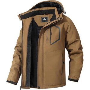 Men's Beige Mountain Ski Jacket Winter Snow Coats Waterproof Warm Fleece Hooded